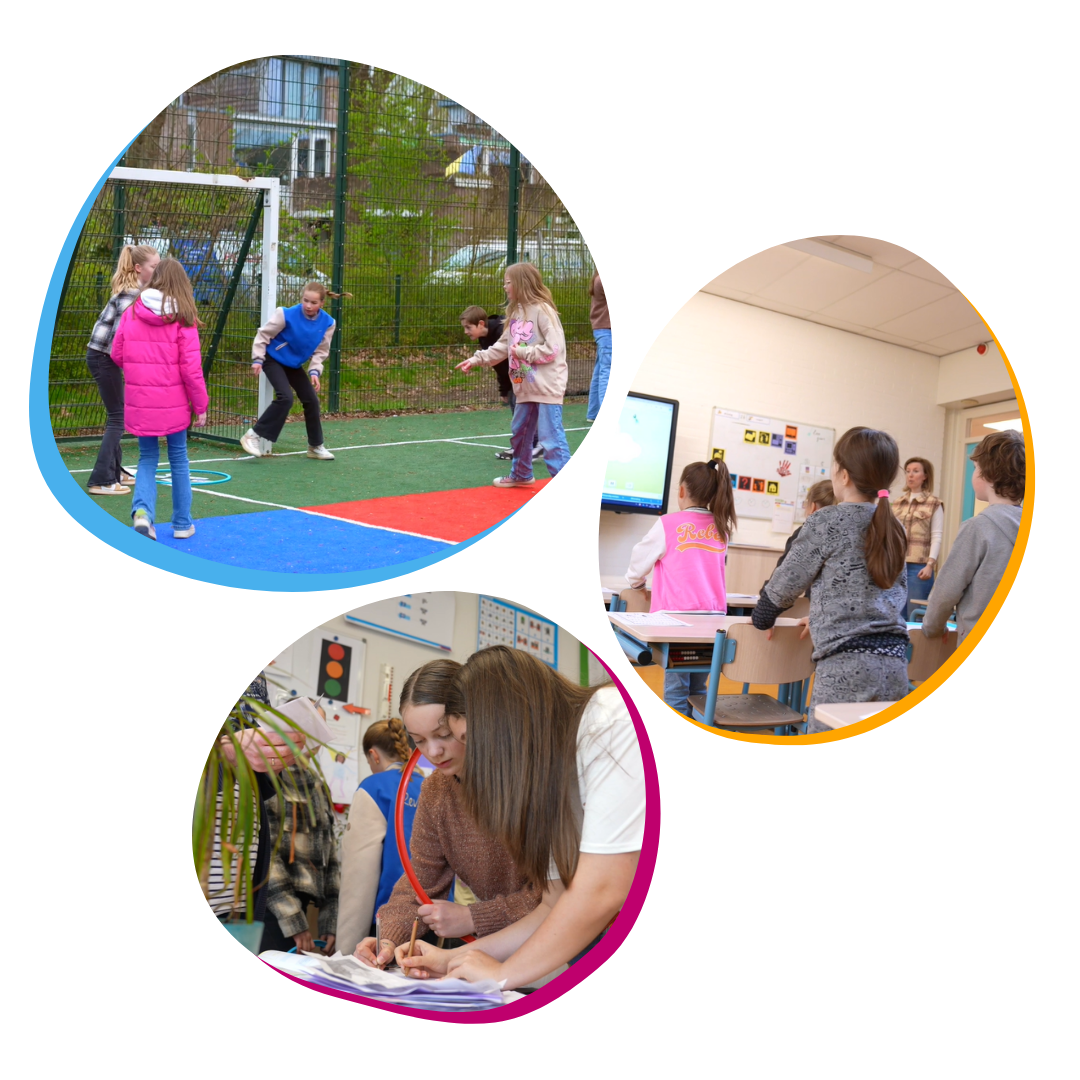 Kinderen in beweging tijdens bewegend leren, op het schoolplein en in de klas