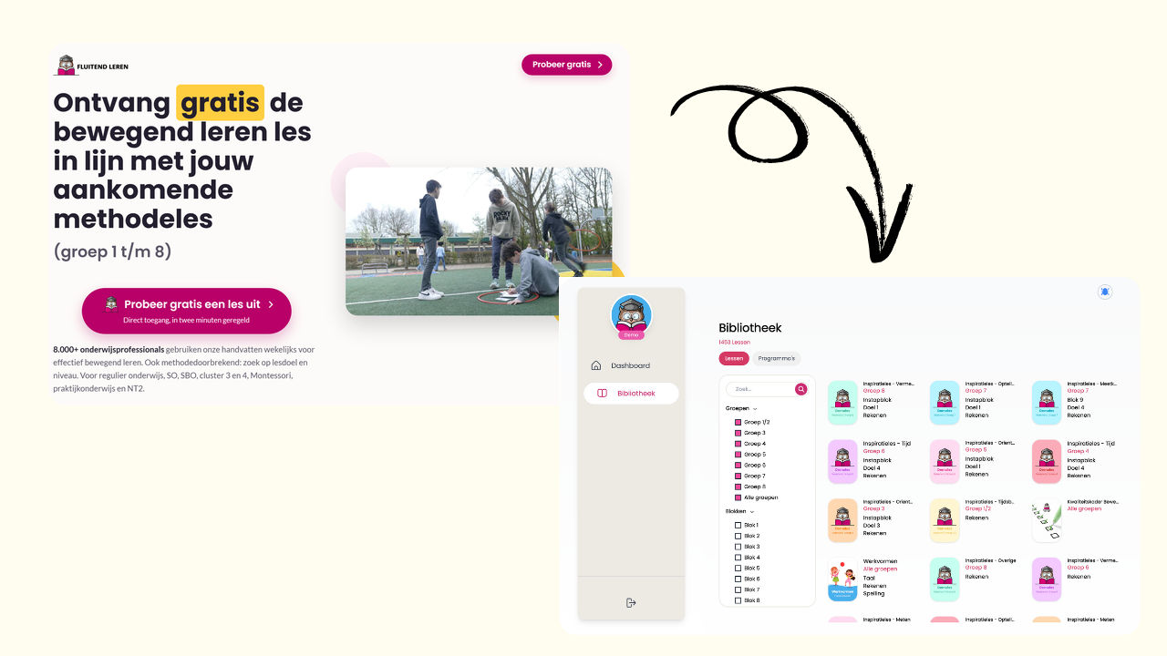 Registreer gratis in de online bieb en probeer direct een bewegend leren les uit
